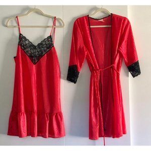 1980s Red Lingerie Set, Valentines Day Lingerie, Matching Robe and Slip